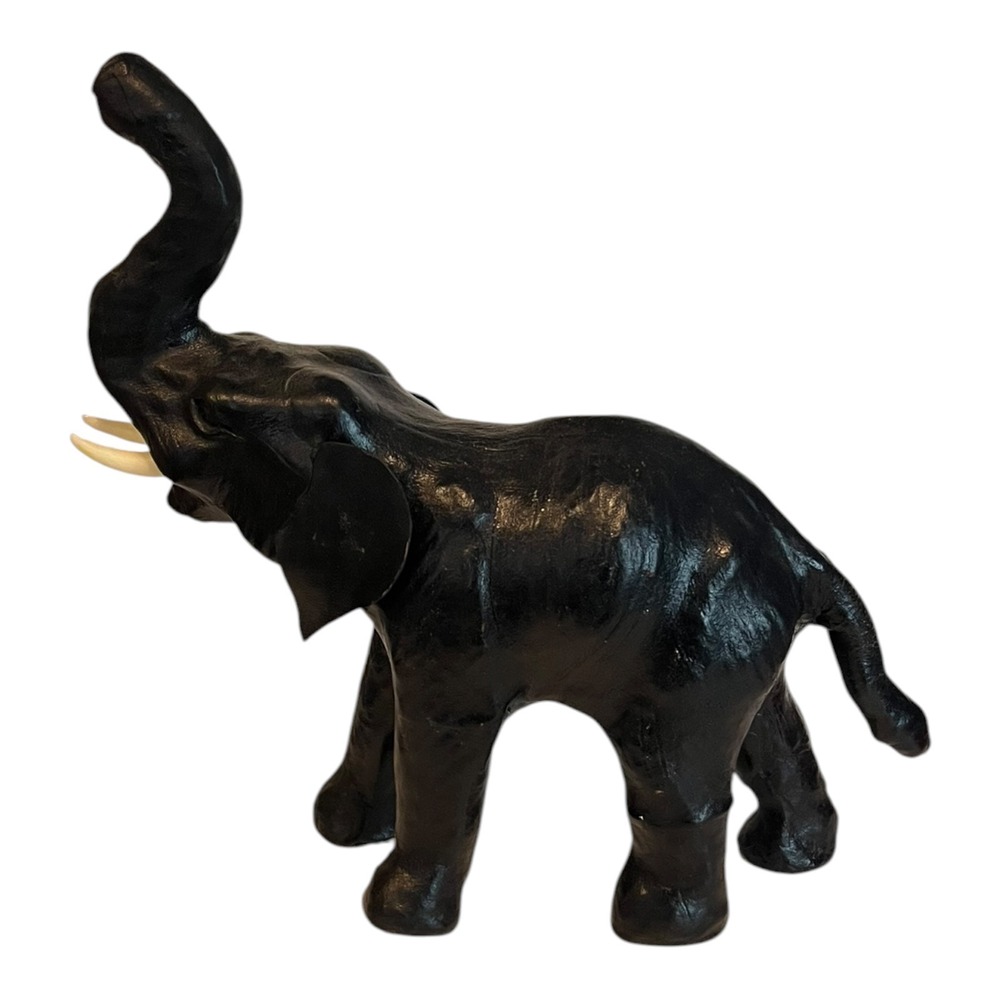 Handcrafted Leather Wrapped Wildlife Black Elephant Statue Sculpture 11"x 13"